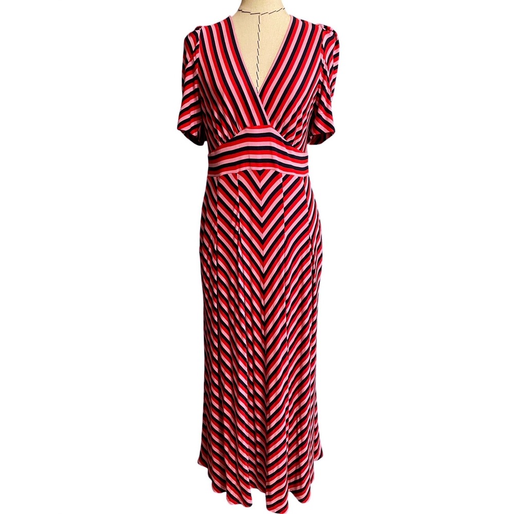 NWT Boden Kristen Pleated Jersey Dress Striped Red Pink Navy Romantic US 8R - Picture 2 of 15